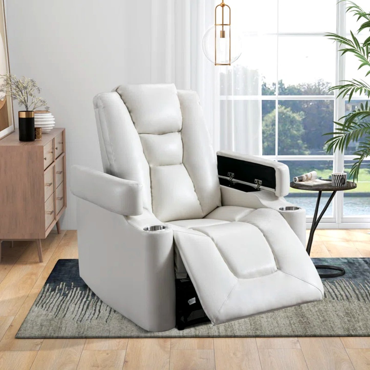 35.3" Wide Modern Faux Leather Power Home Theater Individual Seat with USB & Dual Cup Holders&Arm Storage