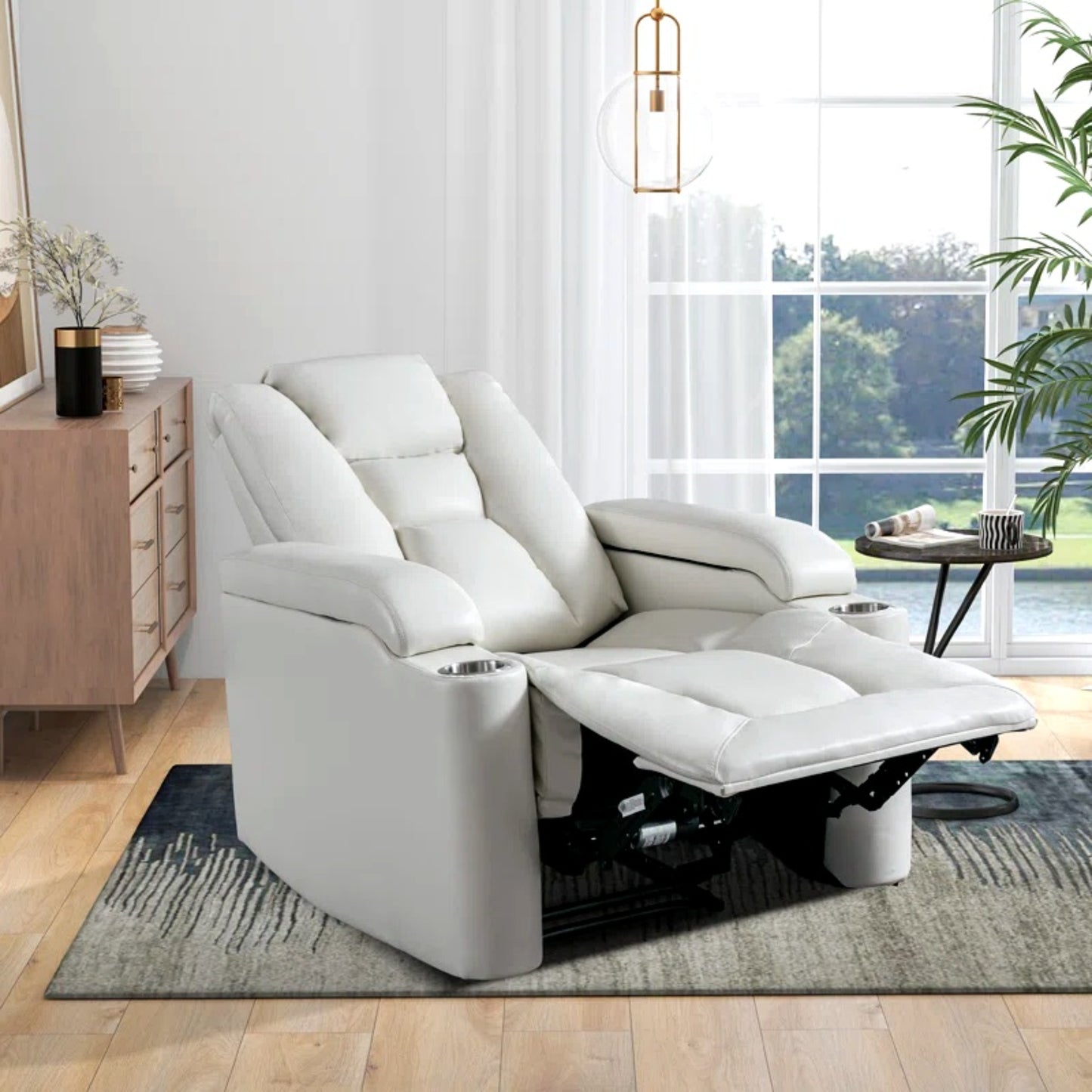 35.3" Wide Modern Faux Leather Power Home Theater Individual Seat with USB & Dual Cup Holders&Arm Storage
